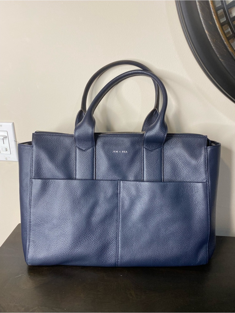 Jem + Bea Navy Leather Baby Tote Bag with Dual Top Handles